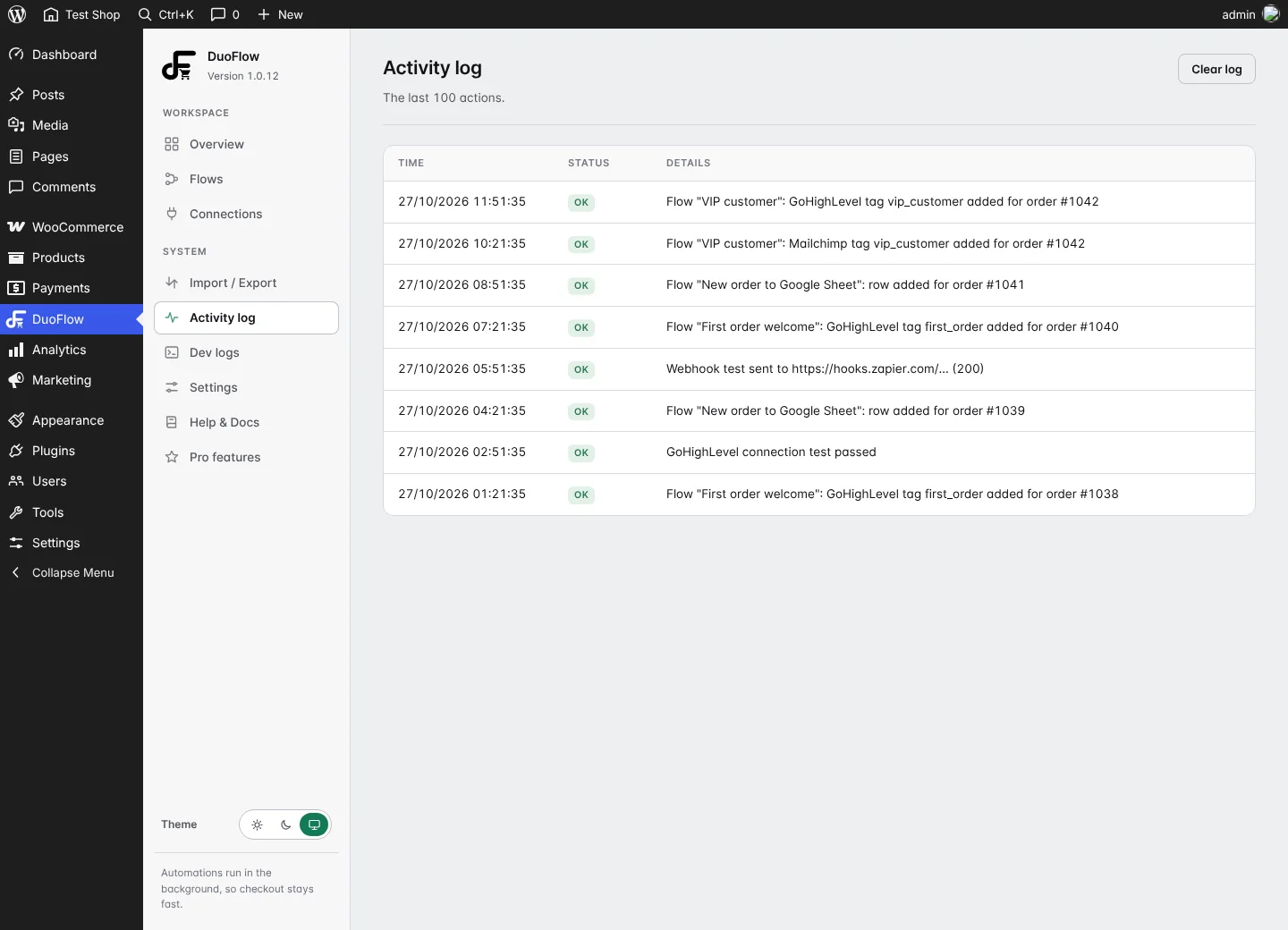 WooCommerce automation activity log listing successful GoHighLevel, Google Sheets and webhook actions with timestamps