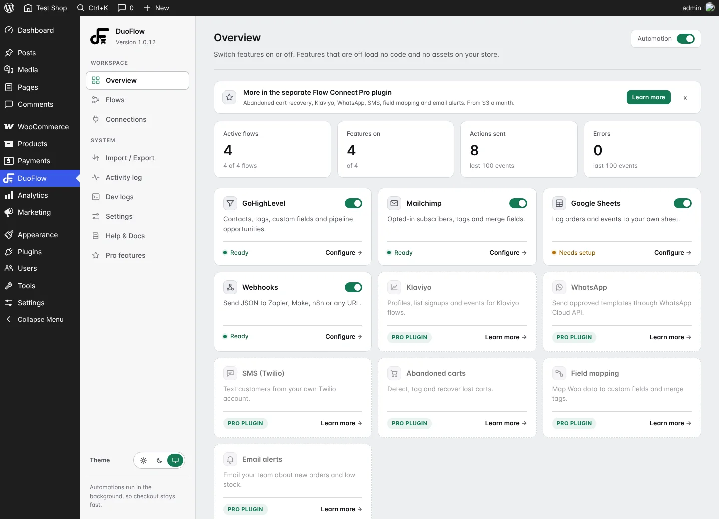 DuoFlow for WooCommerce dashboard showing active flows, connected tools and recent automation activity
