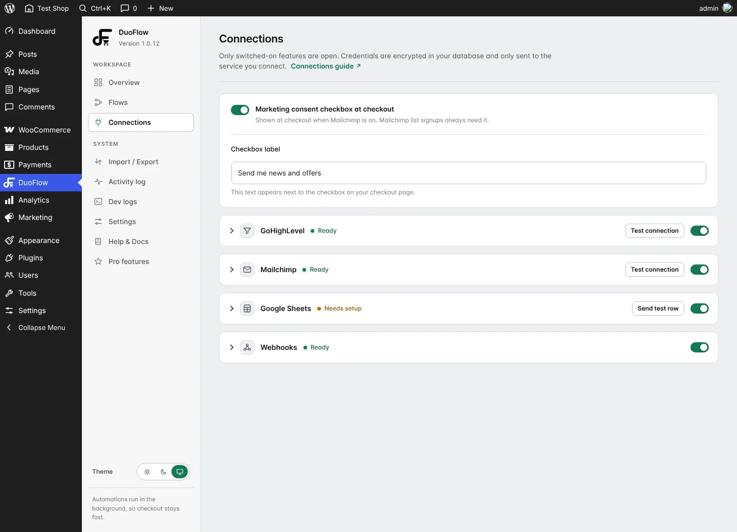 Connections screen listing GoHighLevel, Mailchimp, Google Sheets and Webhooks with Test connection buttons