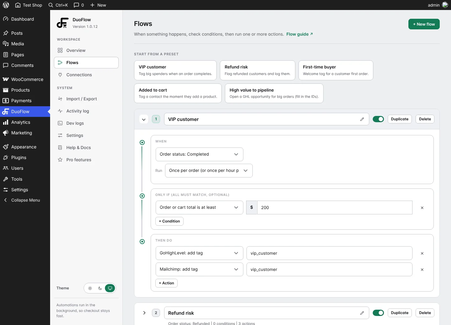 WooCommerce flow builder with a When trigger, an Only if condition and Then do actions for GoHighLevel and Mailchimp